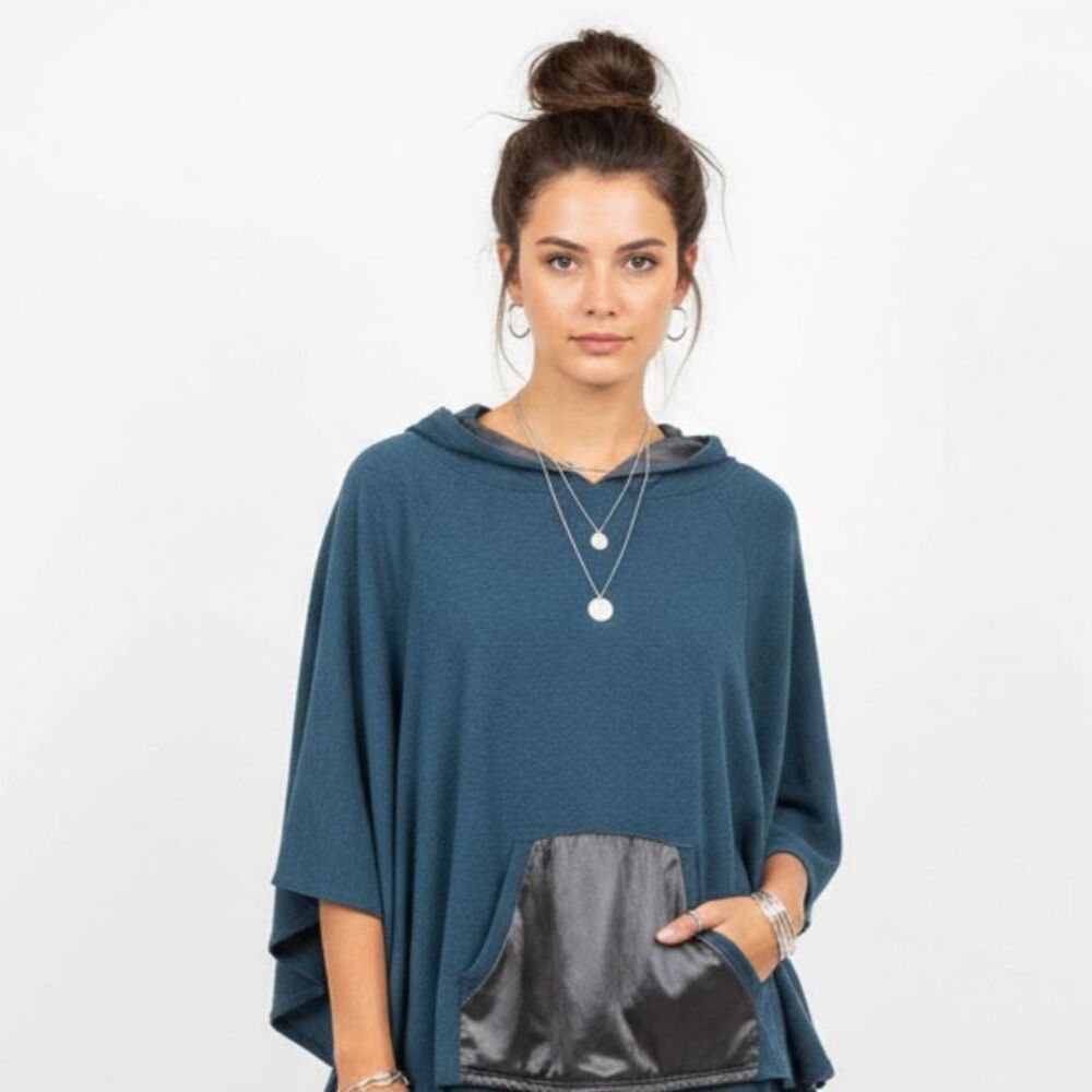Heather Blue Hooded Half Dolman Sleeve Cape Top M